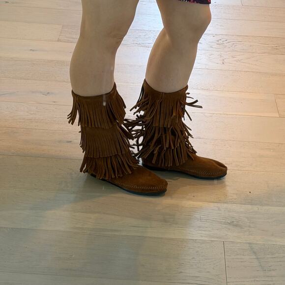 Minnetonka country boots w fringe rodeo cowgirl sz 7 festival hippie flats - Picture 14 of 14